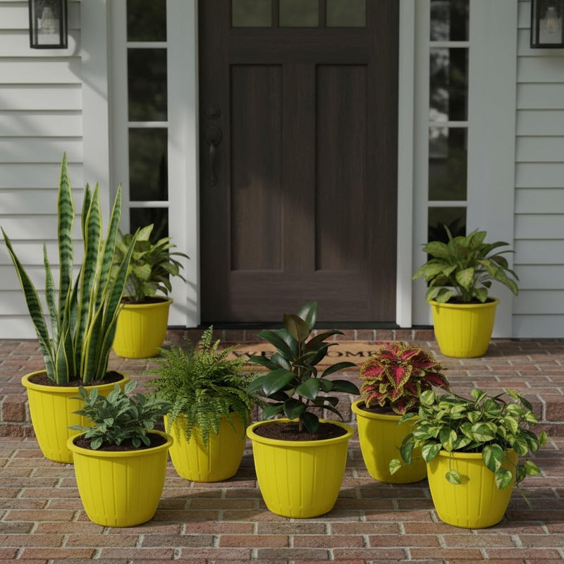 Go Hooked yellow 10-inch plastic planter pots with fluted design, set of 8, for indoor/outdoor gardening.