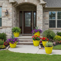 Go Hooked yellow 10-inch plastic planter pots with flowers on a home's entryway steps.
