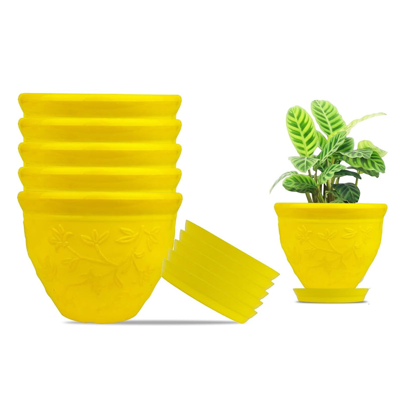 Go Hooked yellow plastic planter pots with embossed floral design, set of 6 with saucers. One pot shown with a plant.