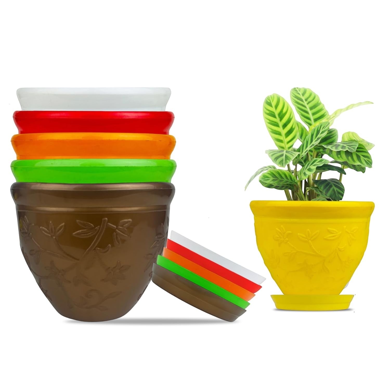 GoHooked set of 6 yellow 6-inch plastic planter pots with saucers, featuring a modern twister design with embossed floral details.