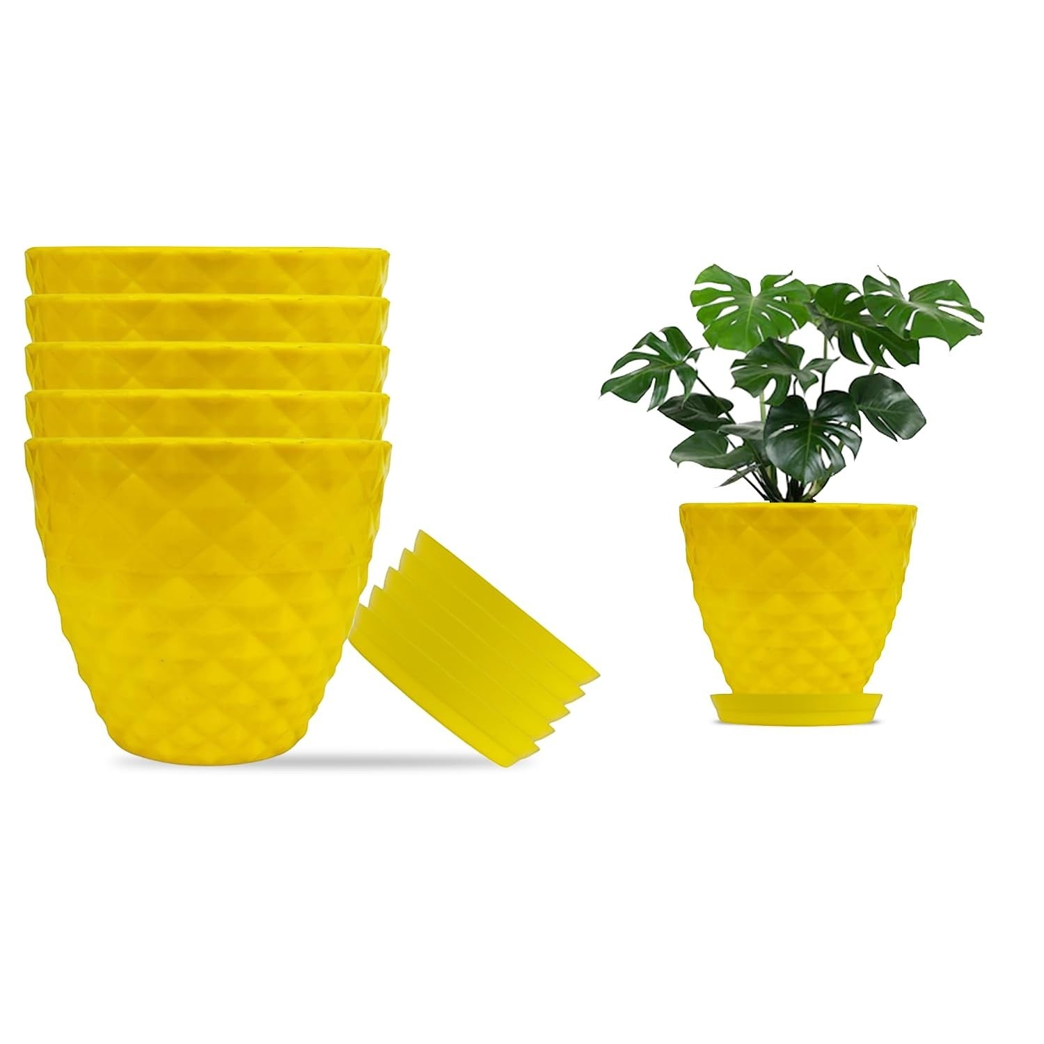 GoHooked yellow plastic planter pots set of 6 with saucers, diamond pattern, modern design. One pot shown with a plant.