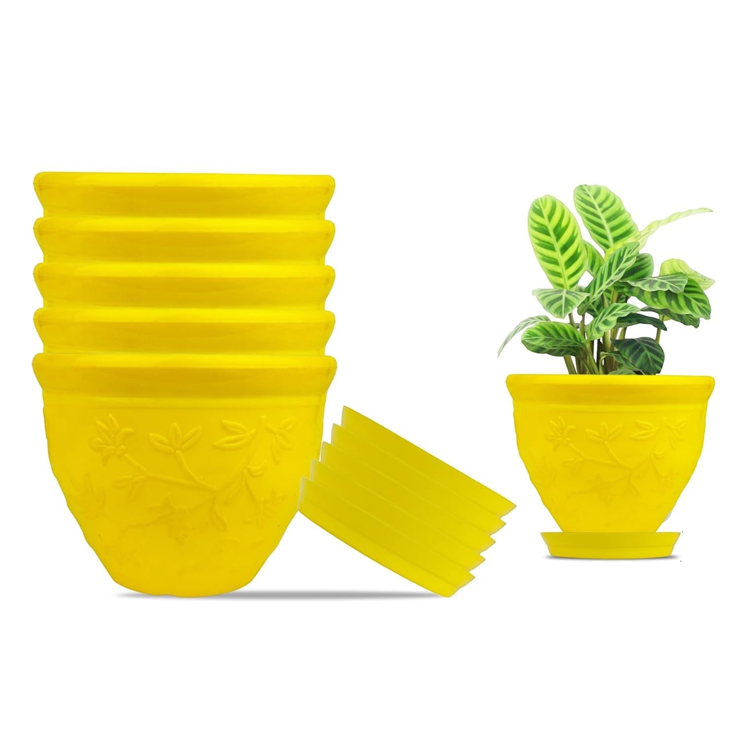 GoHooked yellow plastic planter pots set of 6 with floral embossed design and saucers. One pot with a plant is shown.