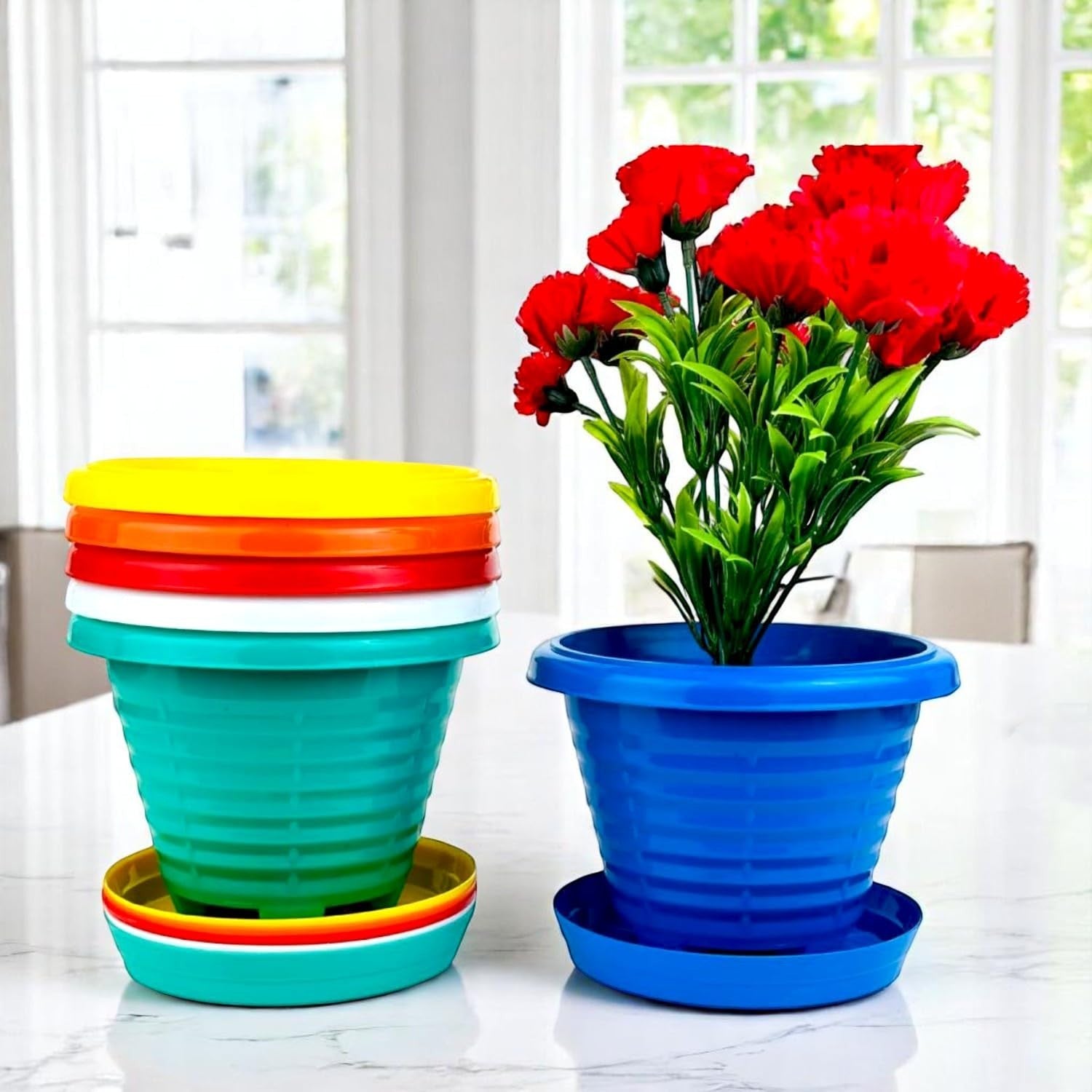 GoHooked set of 6 yellow 6-inch twister plastic planter pots with saucers for indoor/outdoor use