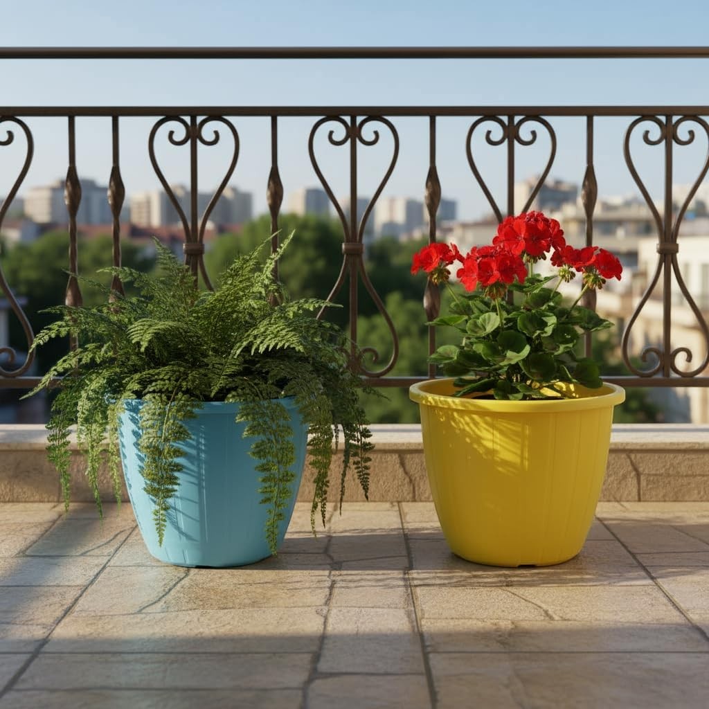 GoHooked yellow plastic planter with red flowers and blue planter with fern on a balcony.