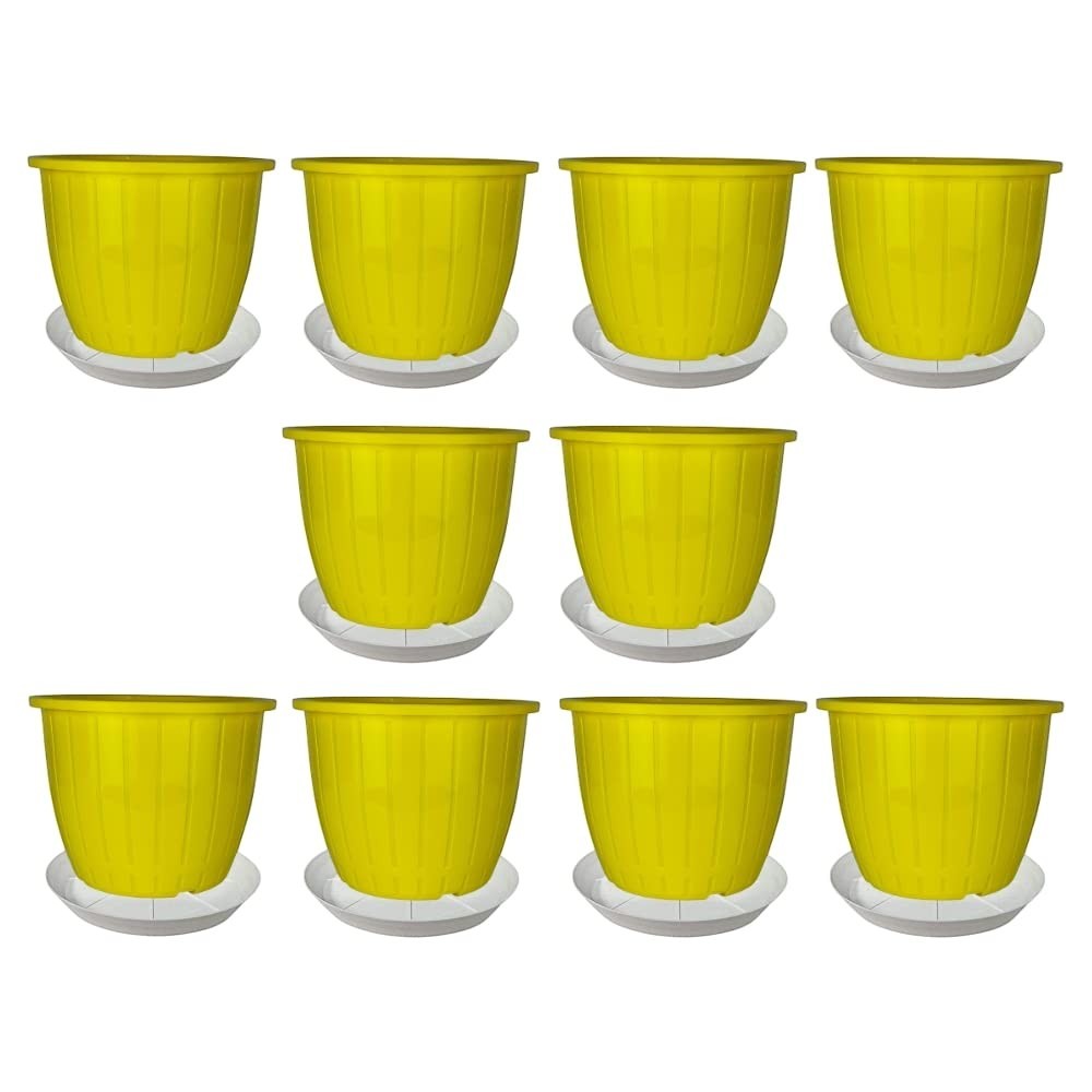 GoHooked 10 yellow 8-inch plastic planters with trays. Durable, BPA-free polypropylene for indoor/outdoor gardening.