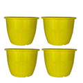 Go Hooked yellow plastic planters, 10-inch, pack of 4, with vertical ribbed design for indoor/outdoor gardening.