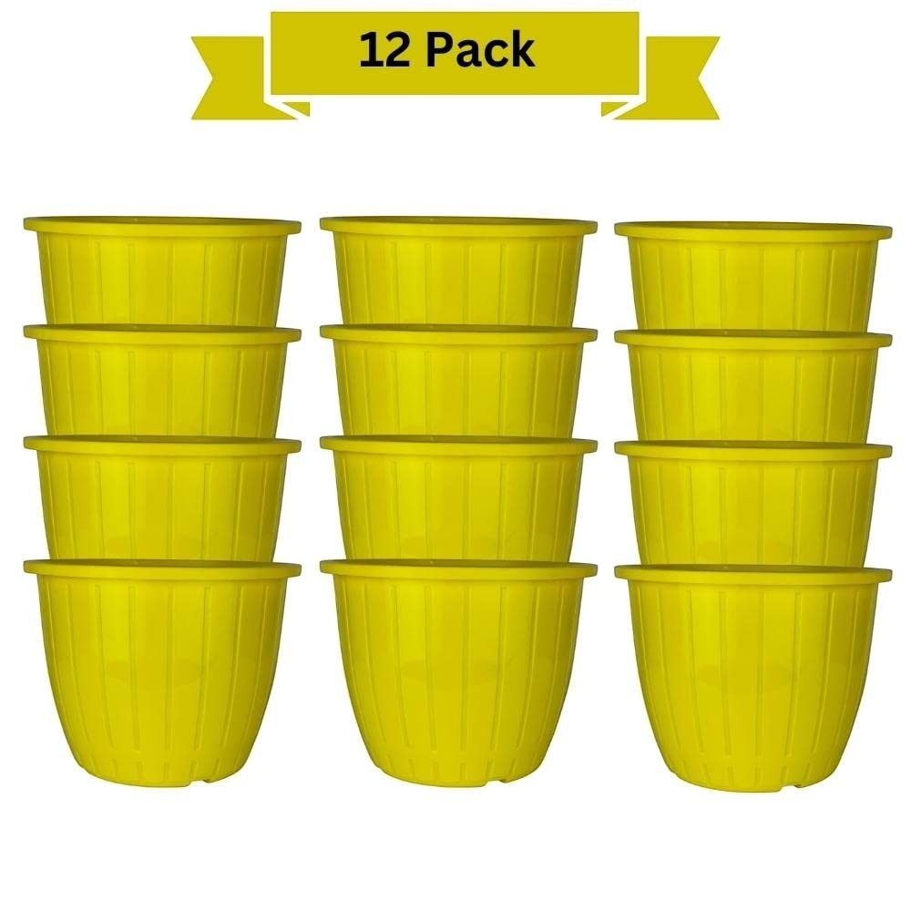 Go Hooked 10-inch yellow plastic planters, pack of 12. Lightweight, durable, and suitable for indoor/outdoor gardening.