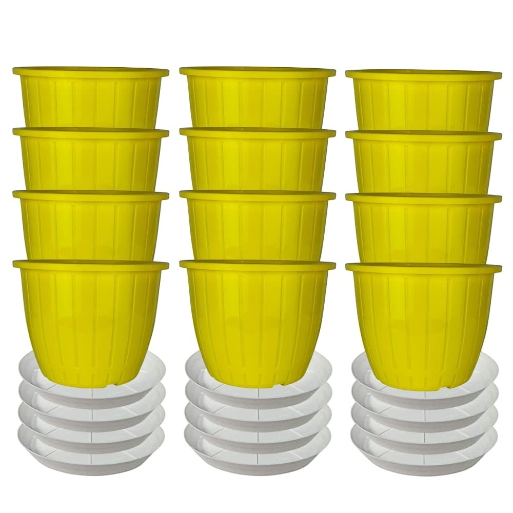 GoHooked 12-pack of 8-inch yellow plastic planters with white drip trays for indoor/outdoor gardening.
