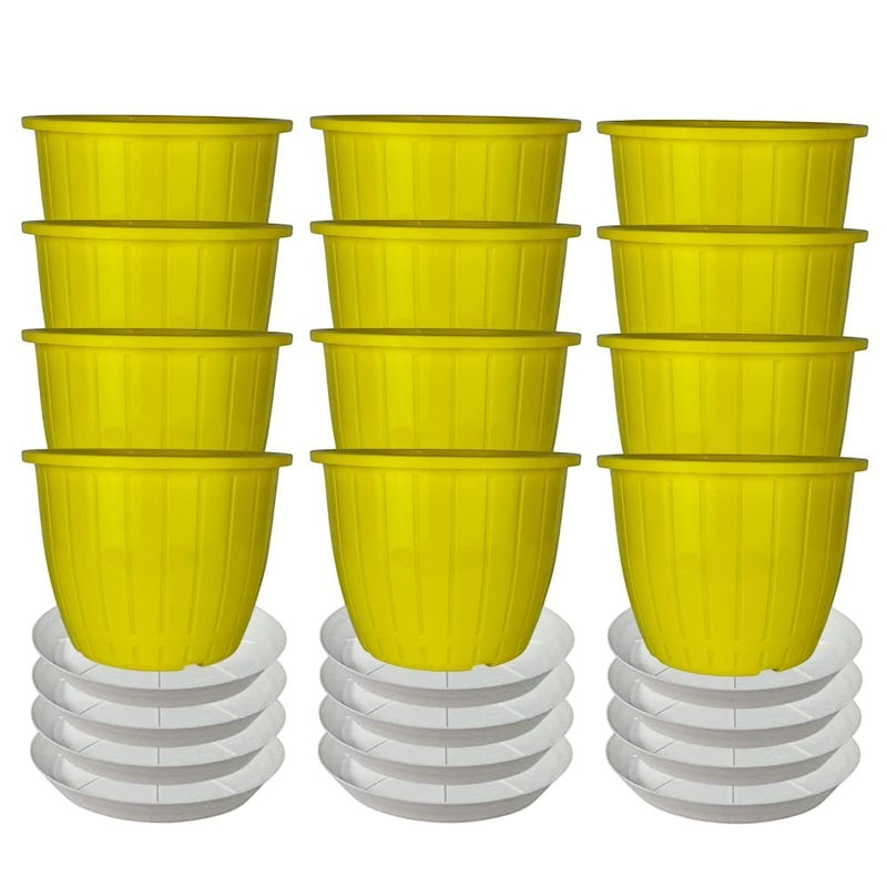 GoHooked 12-pack of 8-inch yellow plastic planters with white drip trays for indoor/outdoor gardening.