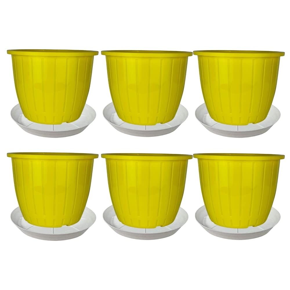 GoHooked yellow plastic planters, 8-inch, pack of 6 with white drip trays. Durable, UV-stabilized, BPA-free polypropylene.