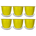 GoHooked yellow plastic planters, 8-inch, pack of 6 with white drip trays. Durable, UV-stabilized, BPA-free polypropylene.