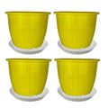 GoHooked yellow plastic planters (8 inch) with trays, pack of 4. Durable, UV-stabilized polypropylene for indoor/outdoor gardening.