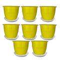 GoHooked yellow plastic planters, 8 inch, pack of 8 with trays. Durable, UV-stabilized polypropylene for indoor/outdoor gardening.