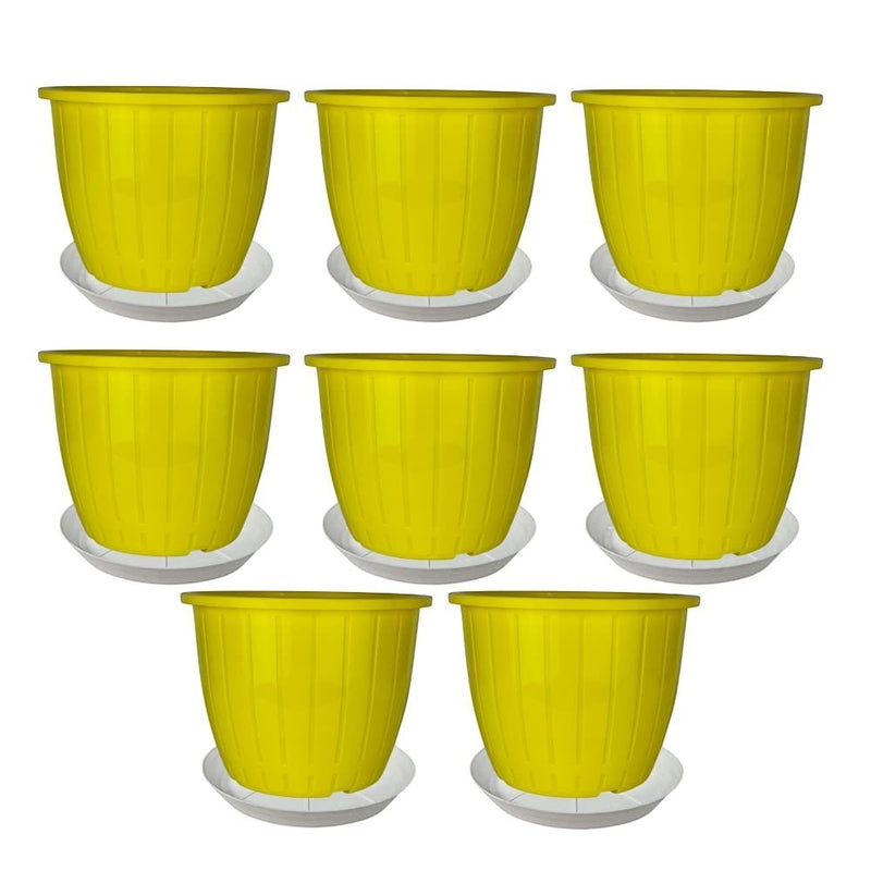 GoHooked yellow plastic planters, 8 inch, pack of 8 with trays. Durable, UV-stabilized polypropylene for indoor/outdoor gardening.