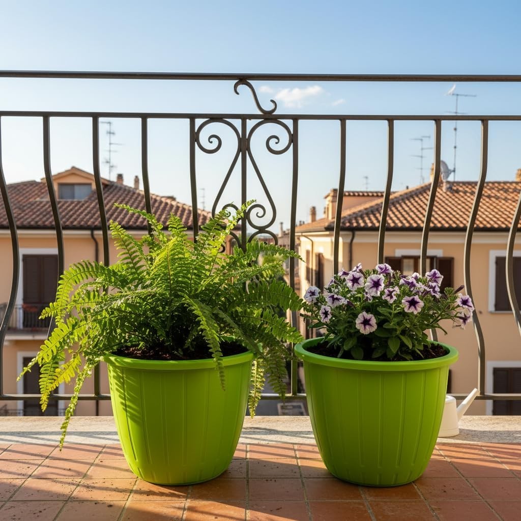 GoHooked Sunshine yellow plastic planters with fluted design, holding a fern and petunias on a balcony.