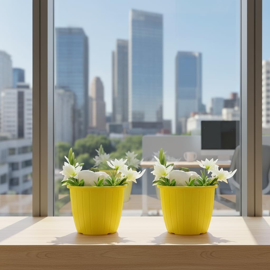 GoHooked yellow plastic planters with white flowers, set of 2, for indoor or outdoor use.