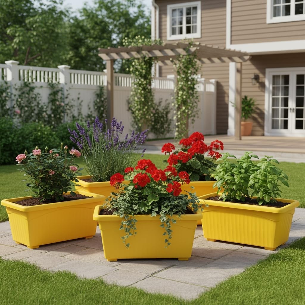 Go Hooked set of 5 yellow rectangular plastic planters with red flowers, pink roses, lavender, and basil.