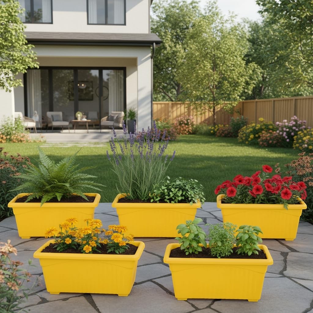 Go Hooked set of 5 yellow rectangular plastic planters with various plants, ideal for home or garden.