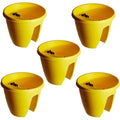 Go Hooked yellow plastic railing flower pots, 12-inch set of 5, perfect for balconies and gardens.
