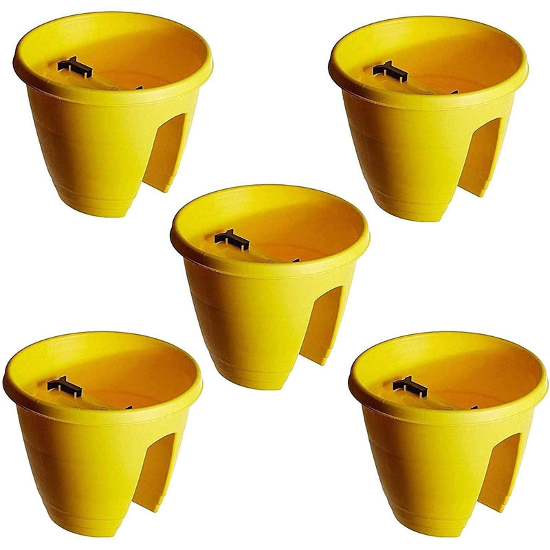 Go Hooked yellow plastic railing flower pots, 12-inch set of 5, perfect for balconies and gardens.