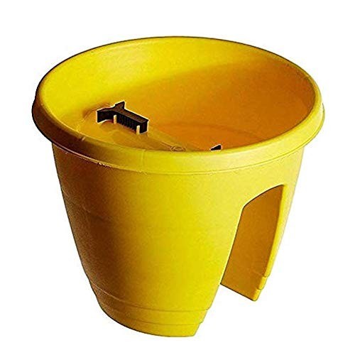 GoHooked yellow plastic railing planter, 12-inch size, designed for balconies and gardens.