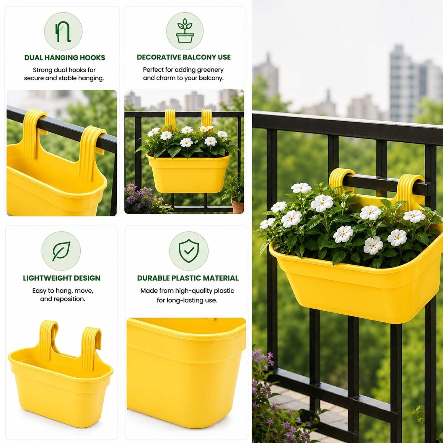 GoHooked yellow plastic railing planter pot with dual hooks, perfect for balcony and garden decor.
