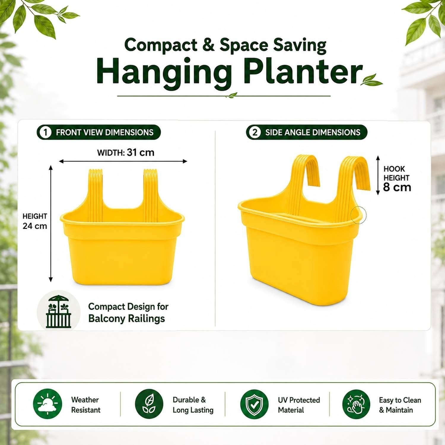GoHooked yellow plastic rectangular hanging planter pot with double hook for balcony railings, 12 inch size.
