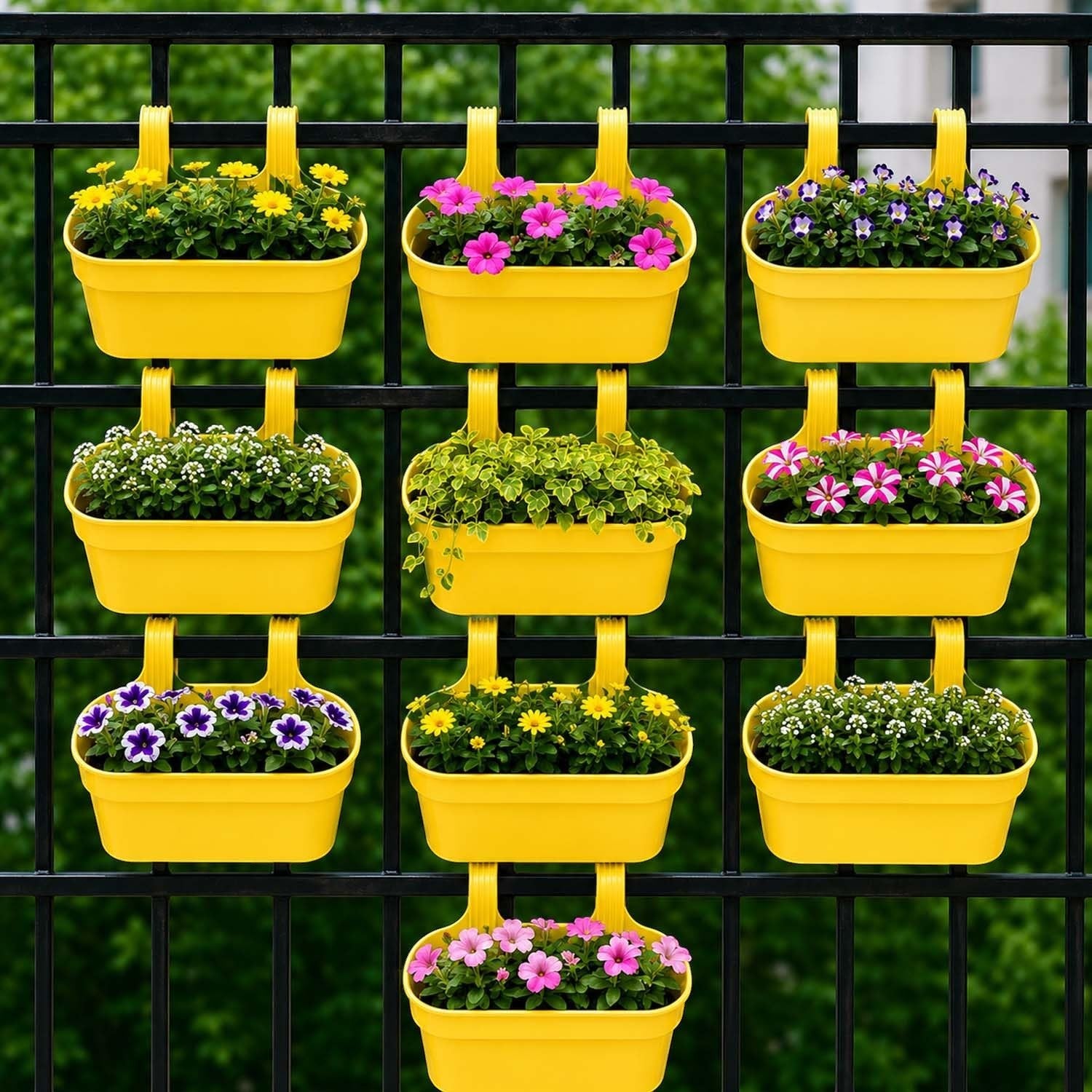 GoHooked yellow plastic railing hanging planter pots with various flowers on a black fence.