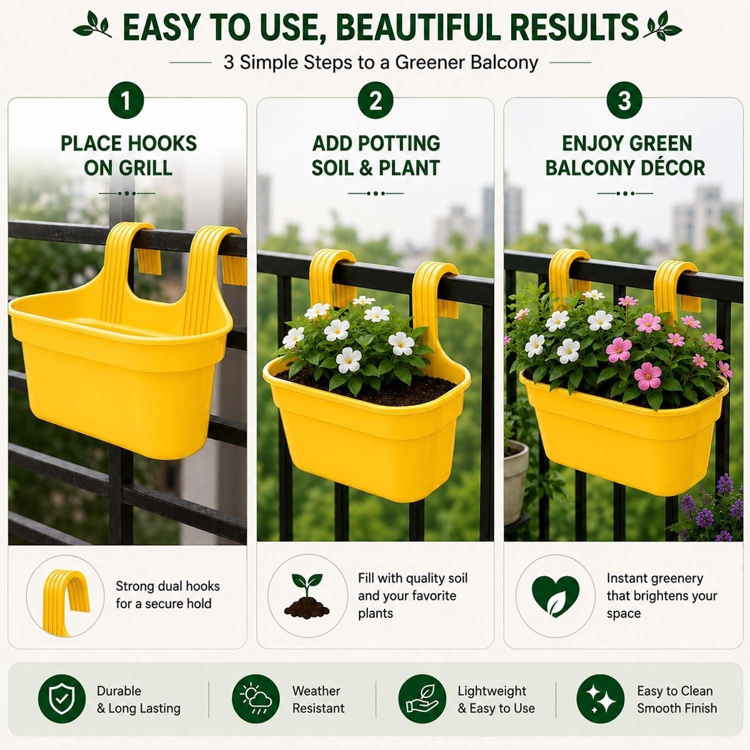 GoHooked yellow plastic railing hanging planter pot with double hooks, rectangular shape, set of 10.