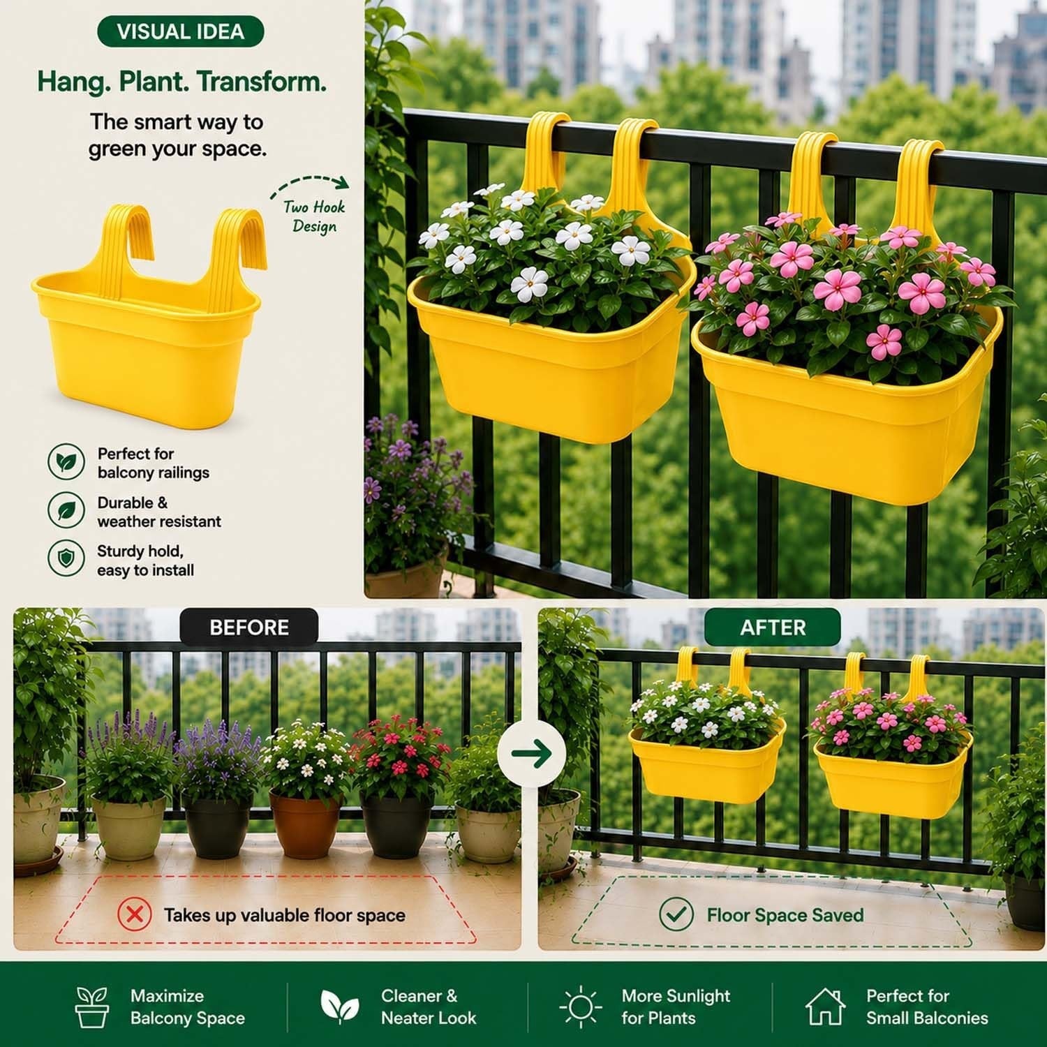 GoHooked yellow plastic railing hanging planter pots with double hooks, set of 10, rectangular shape.