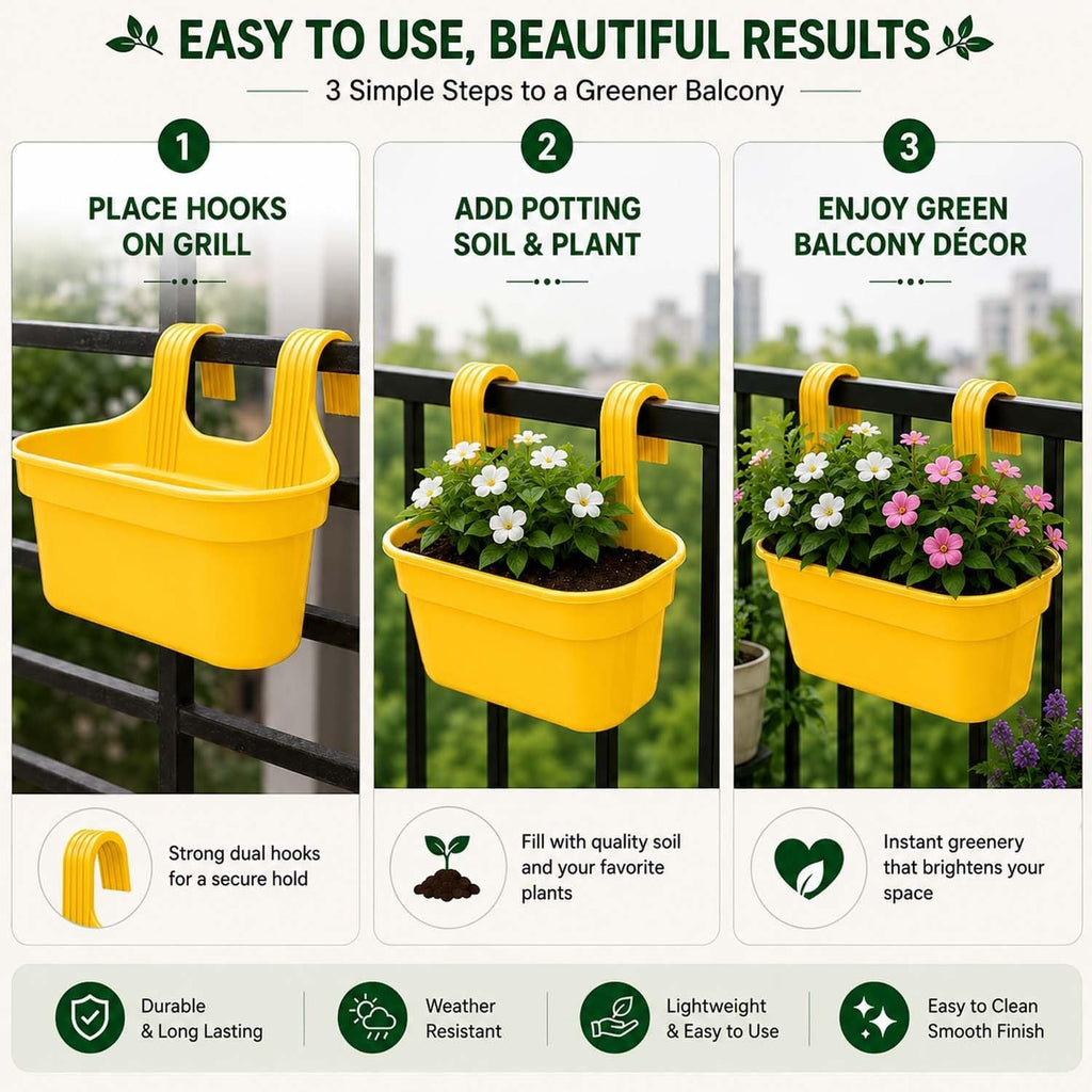 GoHooked yellow plastic railing hanging planter pot set of 3, rectangular shape with double hooks for balcony or fence.