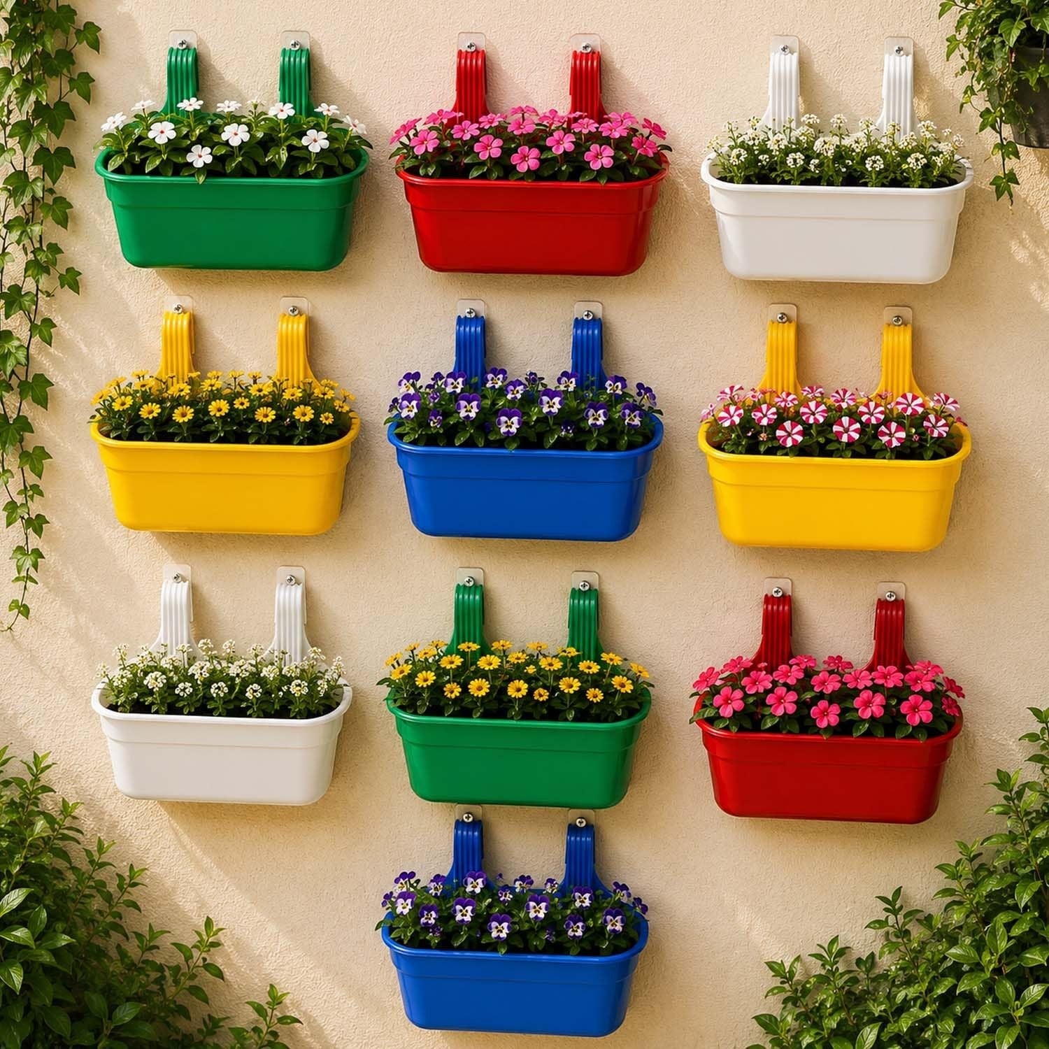 Go Hooked set of 3 yellow plastic railing hanging planters filled with flowers. Rectangular pots with double hooks.