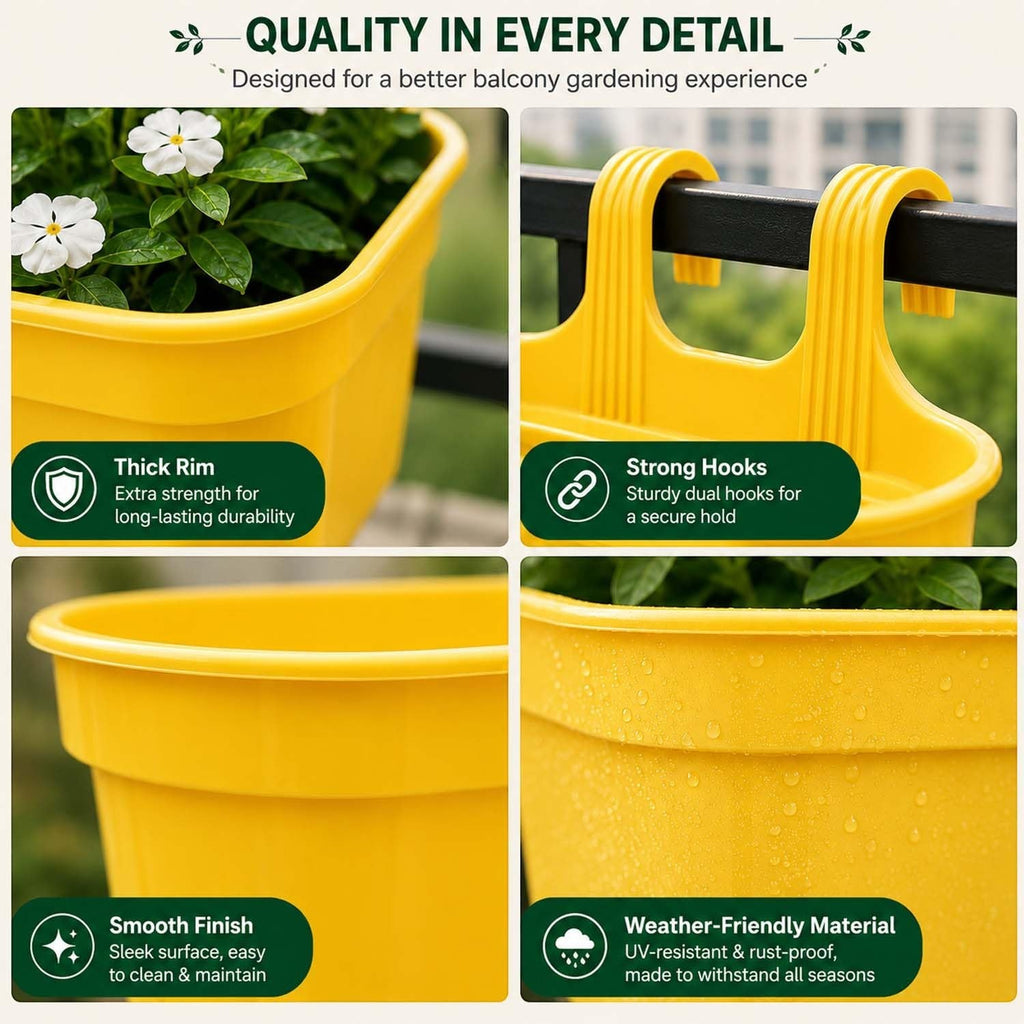 GoHooked yellow plastic railing hanging planter pot with double hooks, set of 5, rectangular shape, durable and weather-friendly.