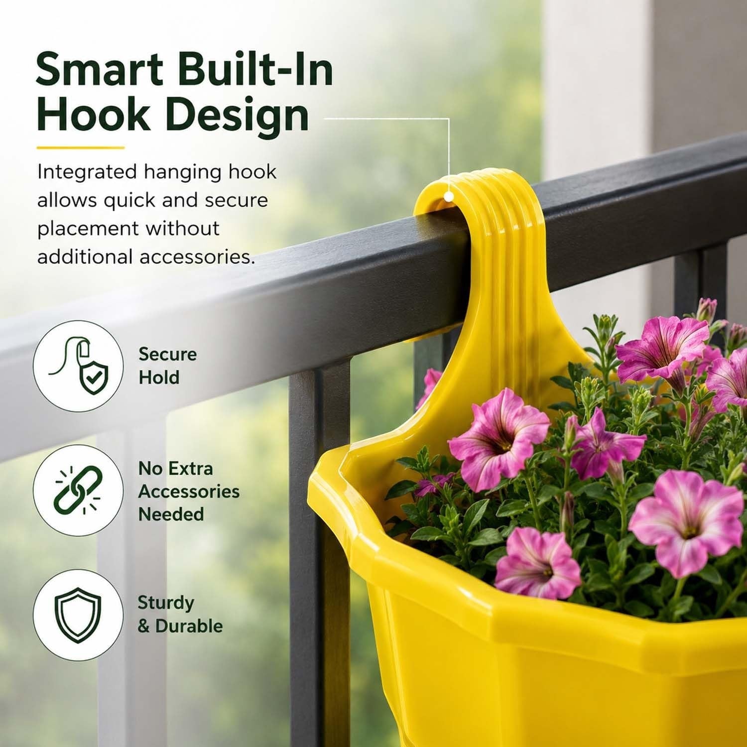 GoHooked yellow plastic hanging railing planter with integrated hook holding purple flowers on a balcony fence