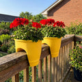 GoHooked yellow plastic railing planters with red flowers, 12 inch, set of 5, rust resistant