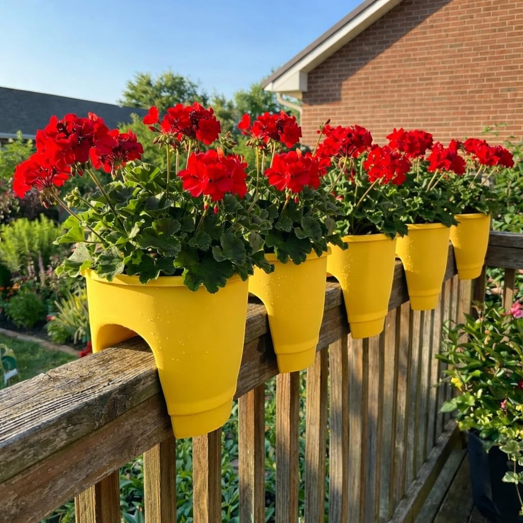 GoHooked yellow plastic railing planters with red geraniums on a wooden deck railing.