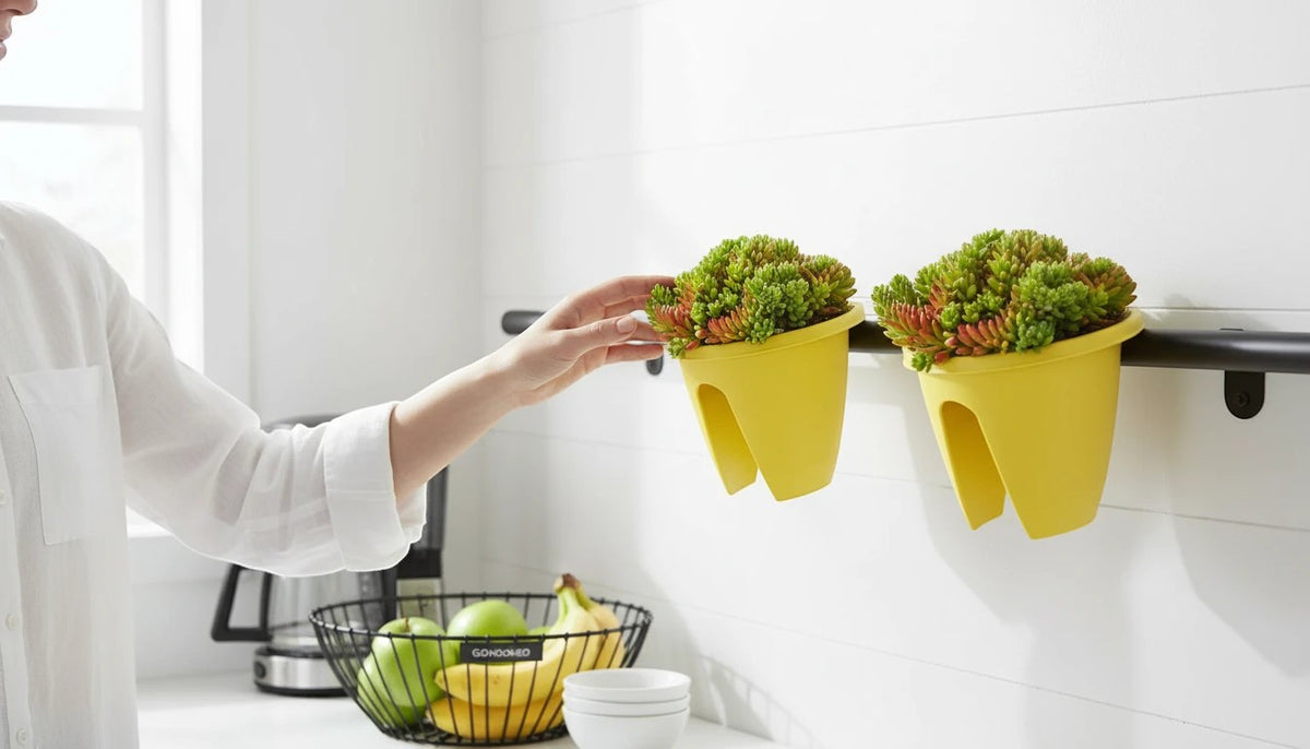 GoHooked yellow plastic railing planters with succulents, set of 3, 12 inch