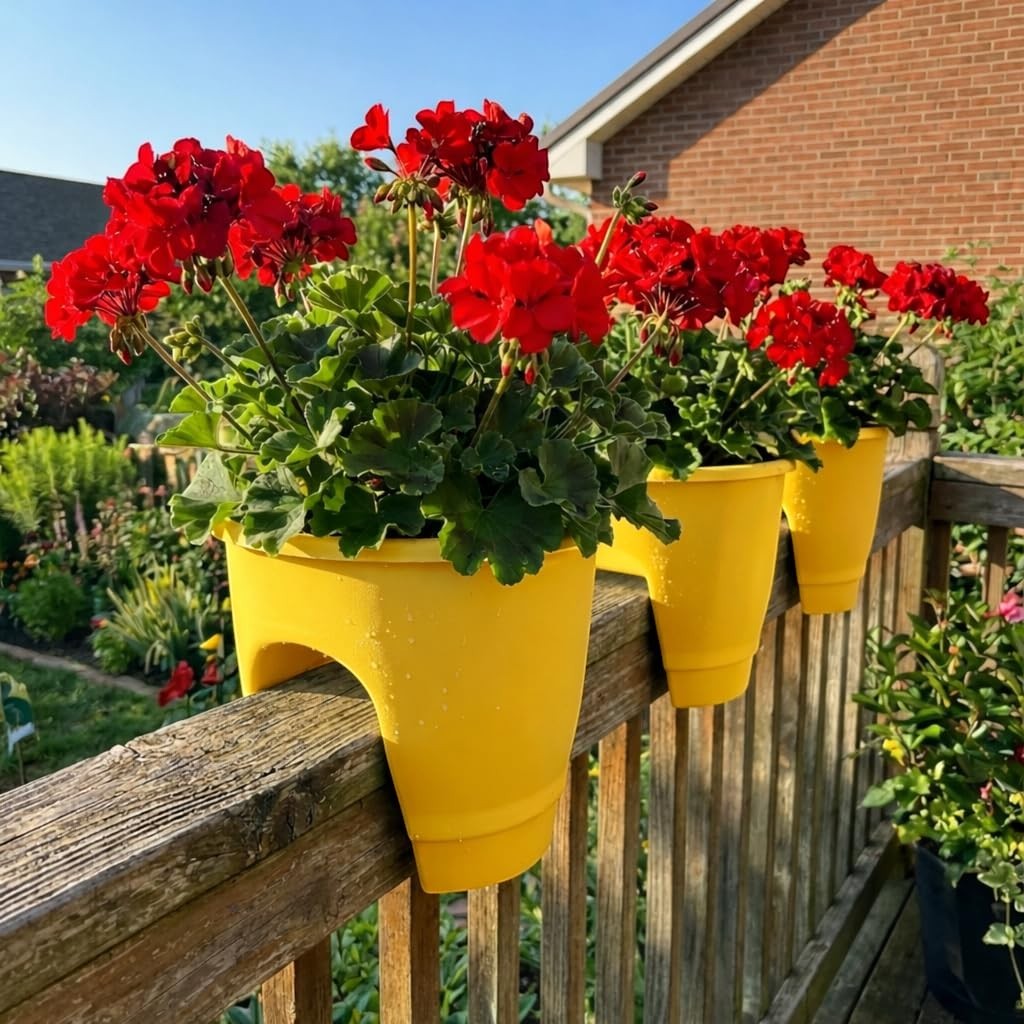 GoHooked yellow plastic railing planters with red flowers, 12-inch size, set of 3, perfect for balconies.