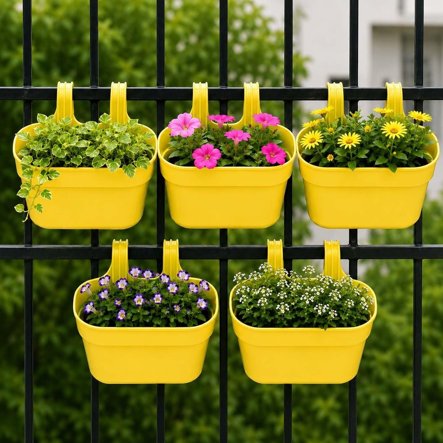 GoHooked yellow plastic railing hanging planters with double hooks, set of 5 shown with various flowers and greenery.