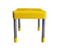 Go Hooked yellow plastic stool with stainless steel legs and yellow anti-skid feet. Features a built-in handle for portability.