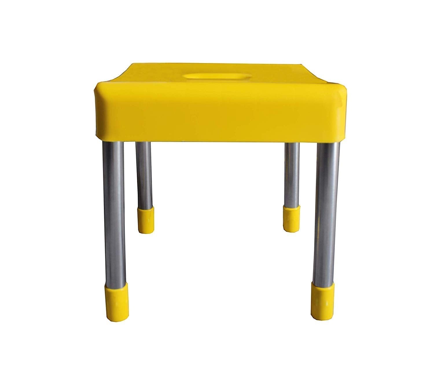 Go Hooked yellow plastic stool with stainless steel legs and yellow anti-skid feet. Features a built-in handle for portability.