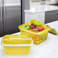 GoHooked yellow plastic storage basket with zip net cover, holding apples, grapes, and oranges.