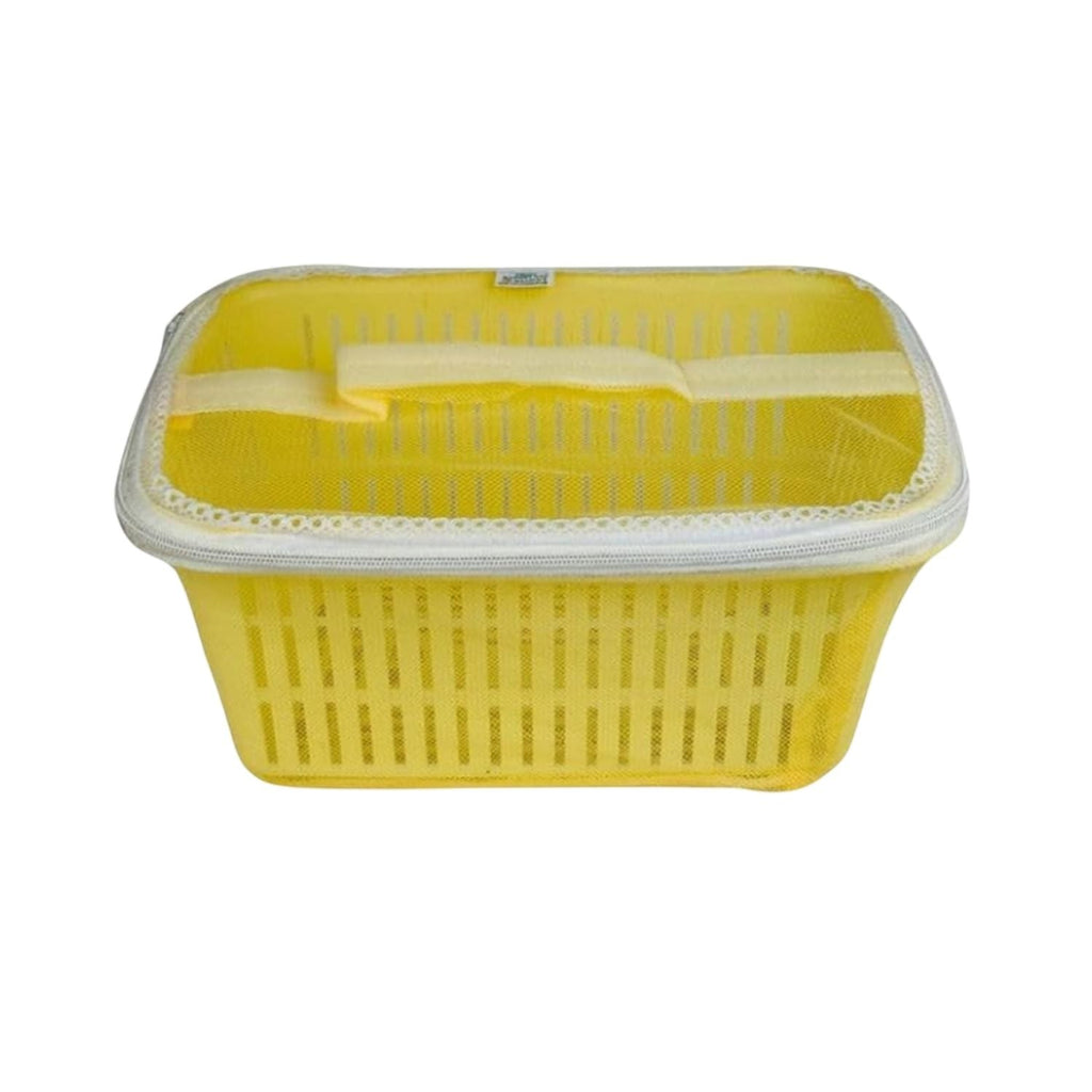 GoHooked yellow plastic storage basket with zip net cover for fruits and vegetables. Features ventilation slots.