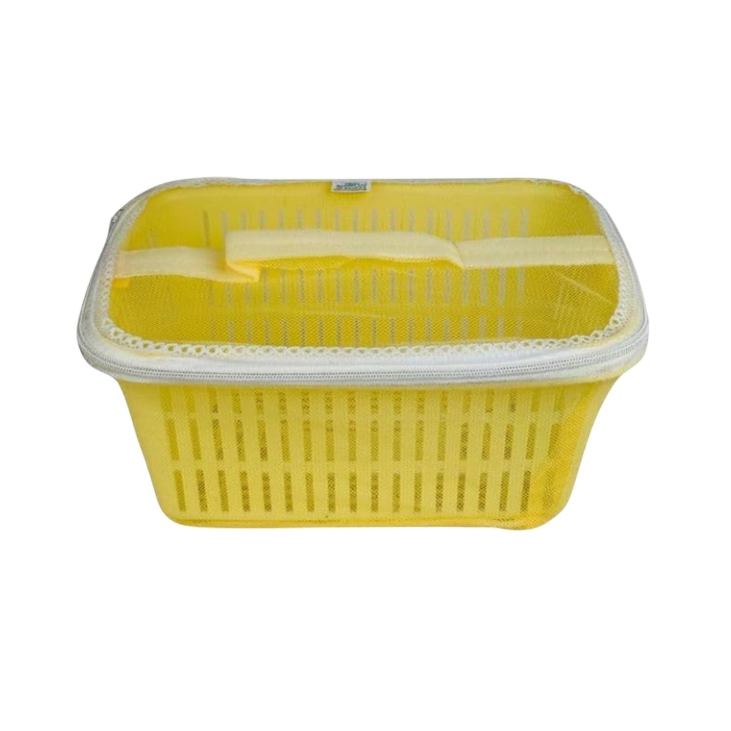 GoHooked yellow plastic storage basket with zip net cover for fruits and vegetables. Features ventilation slots.