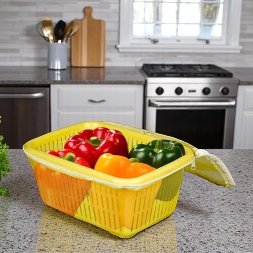 GoHooked yellow plastic storage basket with zip net cover, filled with colorful bell peppers on a kitchen counter.