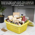 GoHooked yellow plastic storage basket filled with gourmet food items like cheese, salami, and jam, featuring a zip-up net cover.