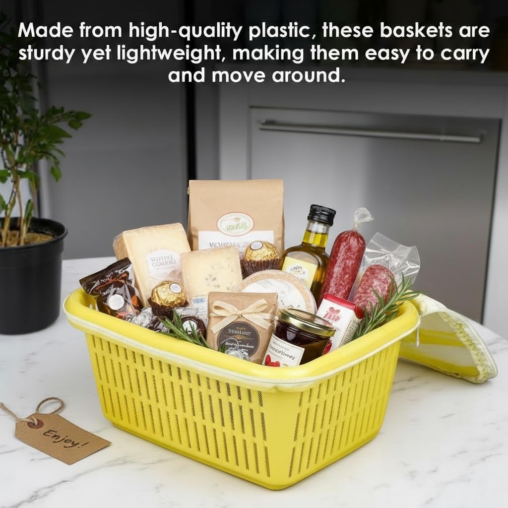 GoHooked yellow plastic storage basket filled with gourmet food items like cheese, salami, and jam, featuring a zip-up net cover.