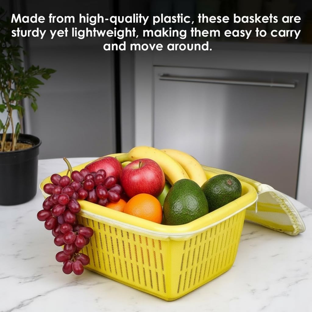 Go Hooked yellow plastic storage basket with zip net cover filled with apples, bananas, grapes, oranges, and avocados.