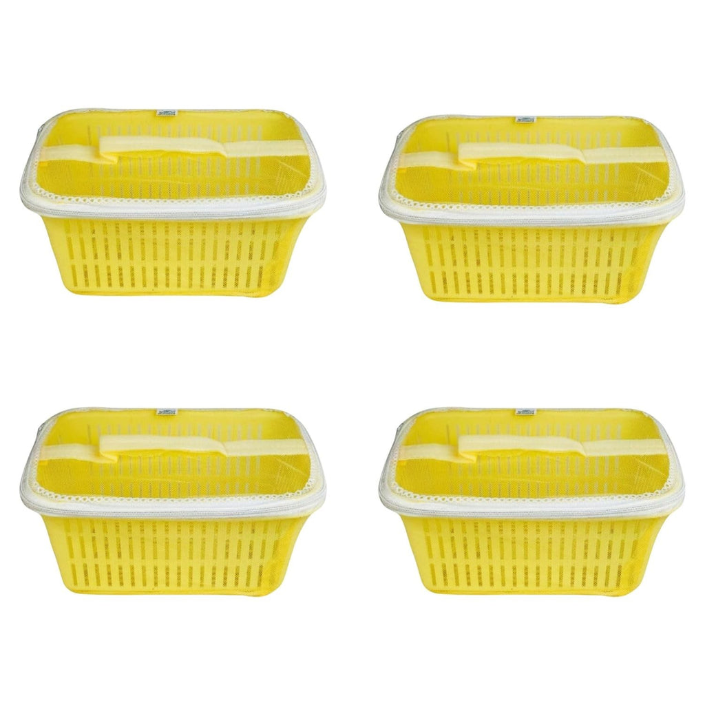 GoHooked yellow plastic storage baskets with zip net covers, pack of 4. Ideal for fruit, vegetables, and general storage.