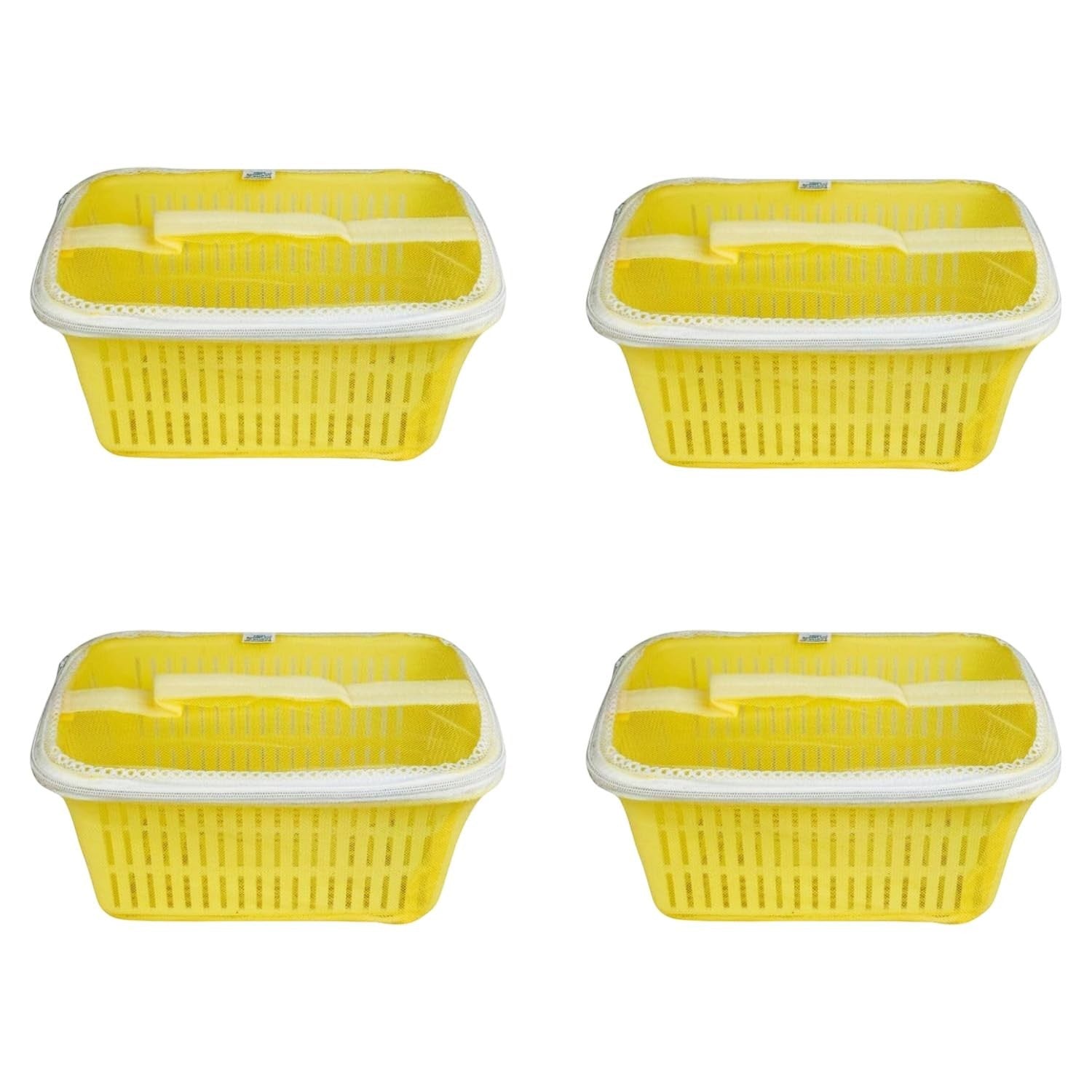 GoHooked yellow plastic storage baskets with zip net covers, pack of 4. Ideal for fruit, vegetables, and general storage.